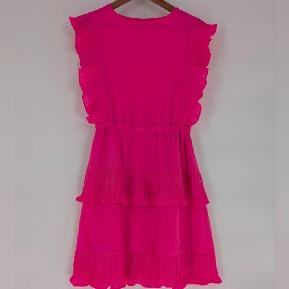 Jess Lea Hot Pink Tiered Ruffle Mini Dress Sleeveless Pleated Trim Small - Picture 3 of 10